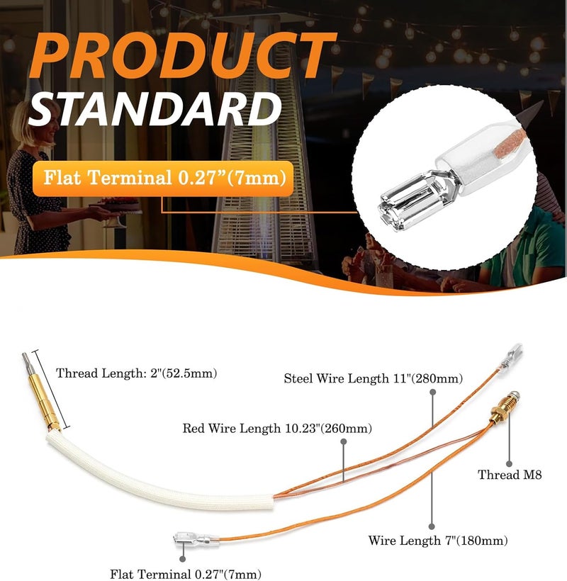 NUPICK Patio Heater Thermocouple Sensor, thermocouple replacement with M8 Connection Nuts, M6 x 0.75 Thermocouple Head Thread, 16.2" Length Wire and 0.25'' Flat Terminal for Outdoor Patio Heater - Image 3